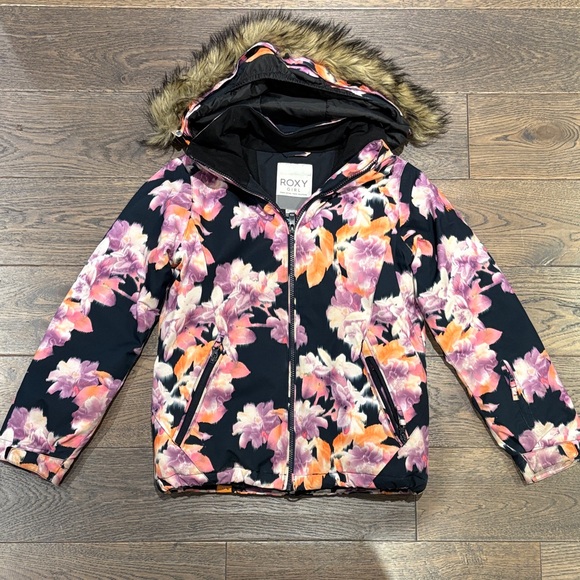 Roxy Girls /Youth Puffer Jacket - Black and Pink Floral - Picture 3 of 9